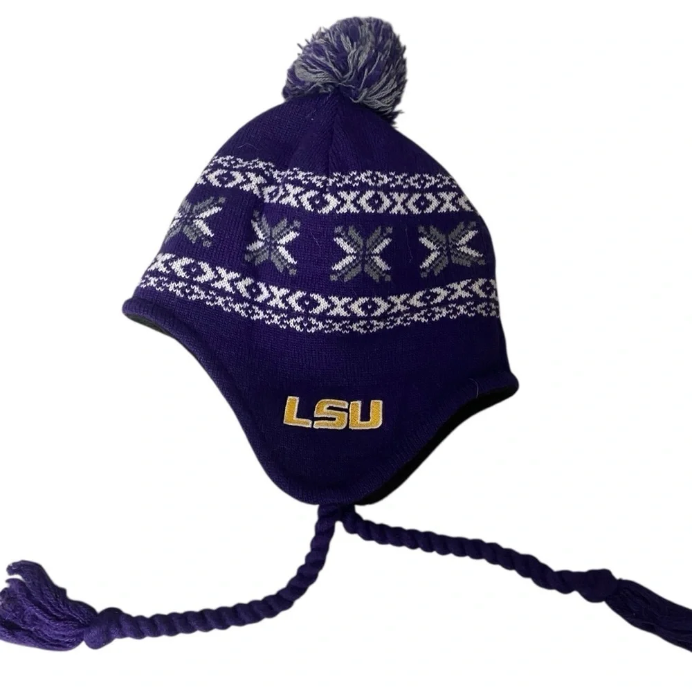 Captivating Headwear Kids Beanie with Earflaps Pom Pom OS LSU Purple Gold Sporty